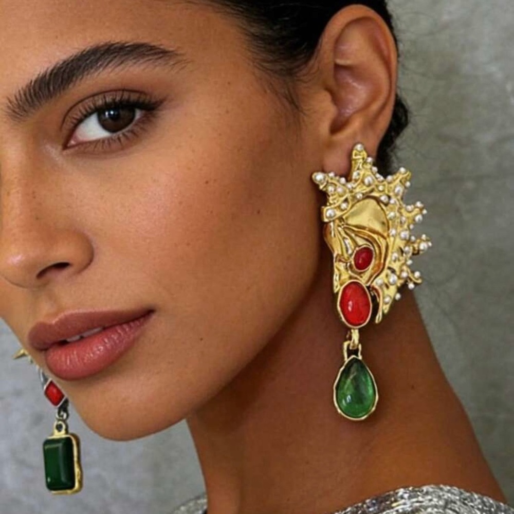 Schiaparelli Inspired Gold-Tone Pearl & Gem Statement Earrings with Green Drops - Picture 5 of 5
